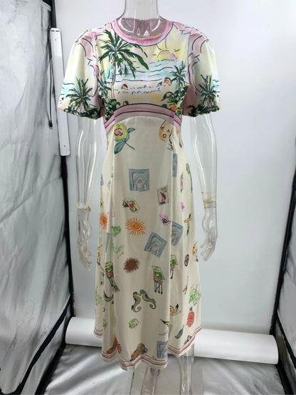 Bohemia Beach Print A-line White Summer Dress Women Casual O-neck Puff Sleeve Midi Dress Holiday Women Outfits Chic Party Dress