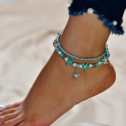 Boho Summer Beach Anklets For Women Turtle Shell Starfish Tree of Life Elephant Ankle Bracelet Multilayer Chain On Foot Jewelry