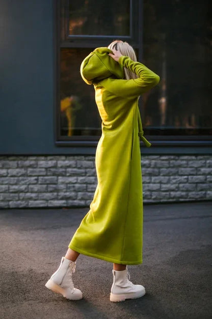 Plus Size Women Fashion Loose Autumn Winter Large Knitted Hooded Long Dress Velvet Hoodie Casual Dress Splicing Warm Dress