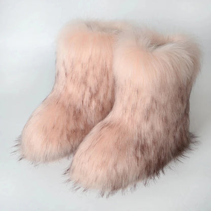 2025 Women Winter Faux Fur Boots Woman Fluffy Plush Warm Snow Boots Luxury Footwear Girls Furry Fur Bottes Fashion Winter Shoe