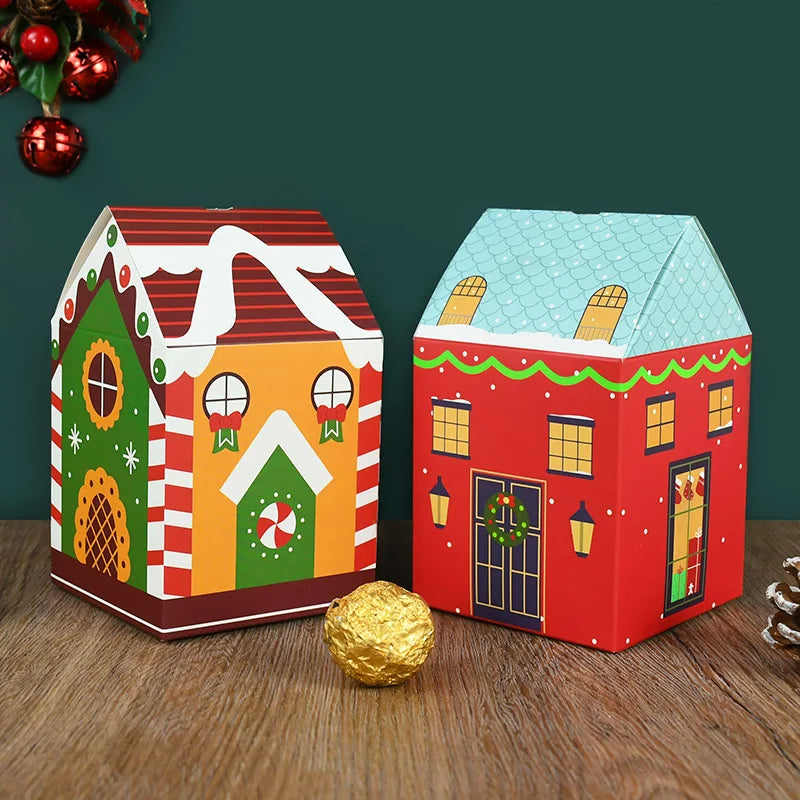 4pcs Christmas House Shape Candy Box Cartoon Merry Christmas Gift Packaging Chocolate Box Navidad 2025 New Year Party Kids Gifts