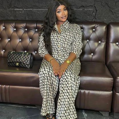 Autumn Fashion Set Woman 2 Piece Printing Long Sleeves Lapel Shirt High Waist Loose Wide Leg Pants 2025 Pant Sets Female Outfit