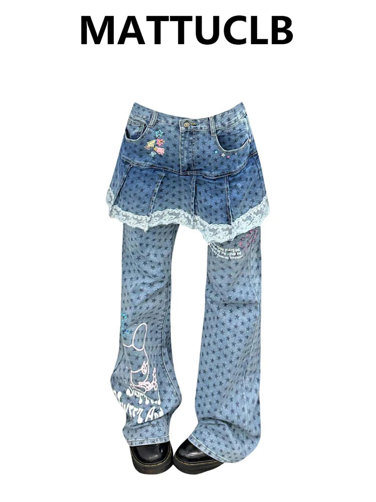 Women Shoujo Star Print Jean Y2k Japanese Harajuku Low Rise Patchwork Denim Flare Pants 2000s Kpop Bell-Bottom Long Trousers