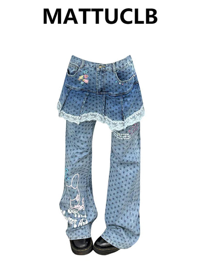 Women Shoujo Star Print Jean Y2k Japanese Harajuku Low Rise Patchwork Denim Flare Pants 2000s Kpop Bell-Bottom Long Trousers