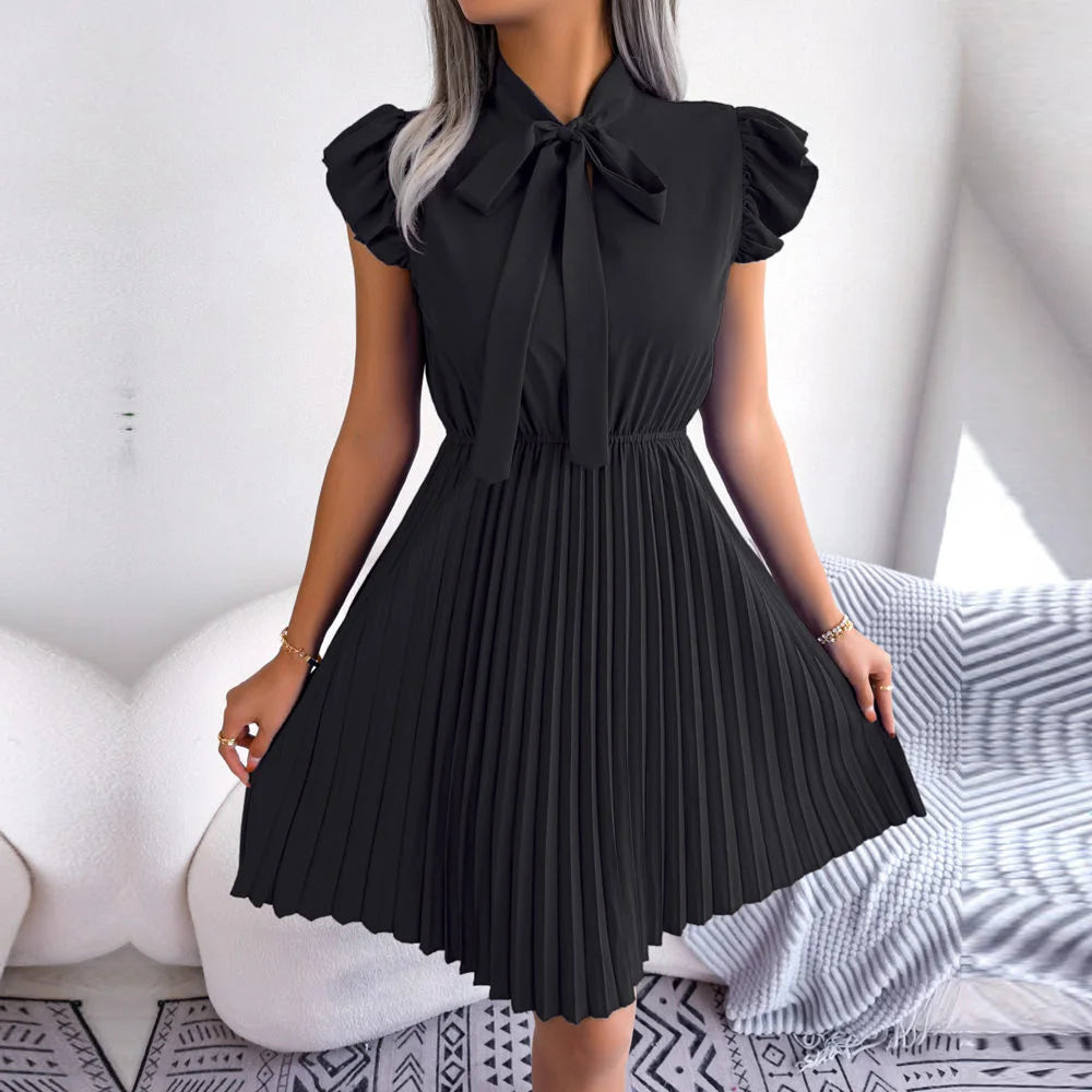 Women Spring Summer Elegant Lace Up High Waist Large Fold Dress Bow Collar Solid Pleated Dresses