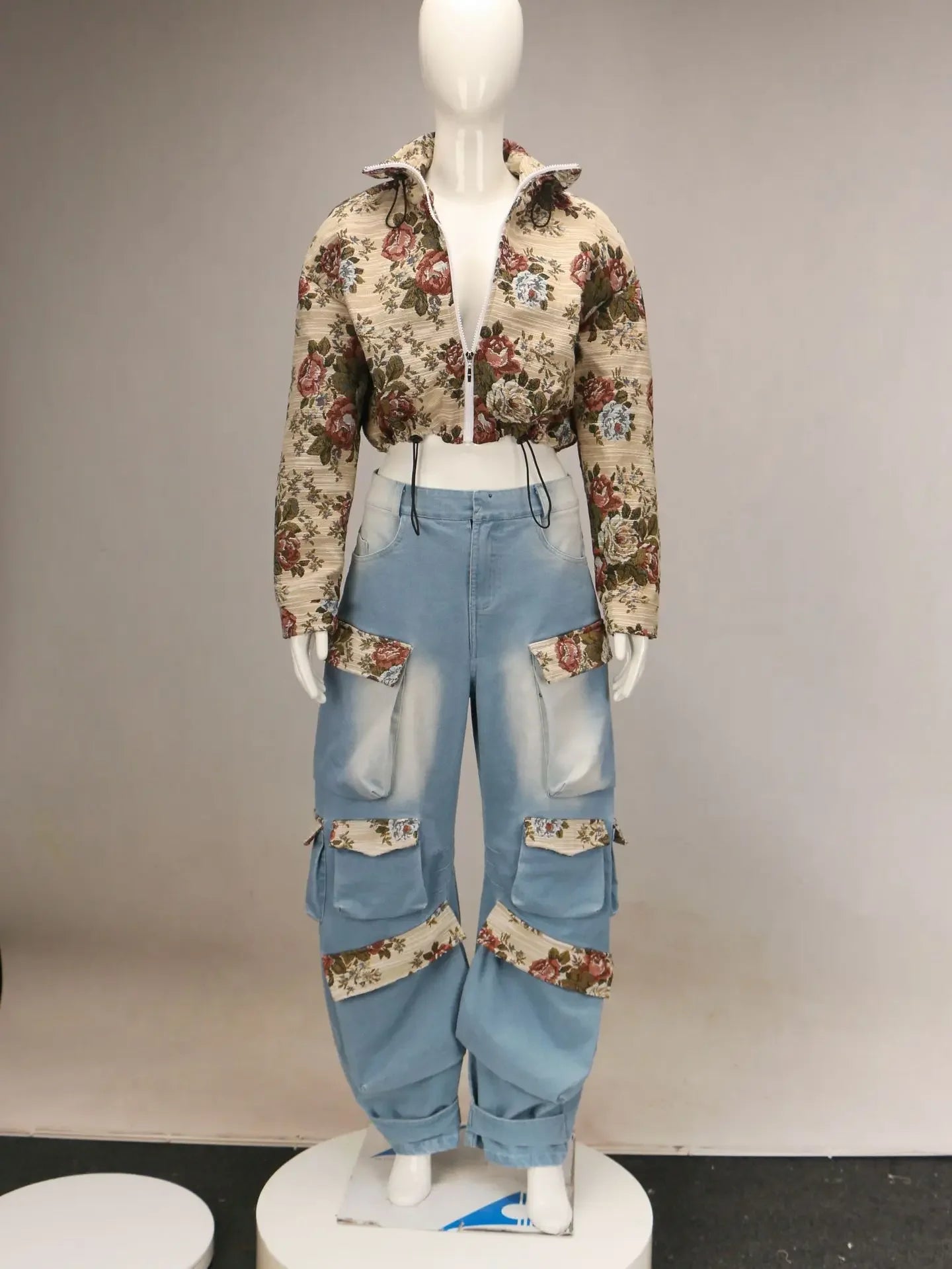 CM.YAYA Washed Denim Women's Set Full Sleeve Floral Jacket and Pockets Cargo Jeans Pants Suit 2024 Street Two 2 Piece Set Outfit