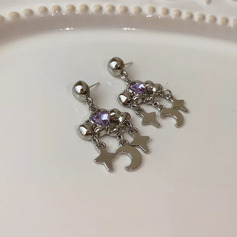 Fashion Purple Zircon Cloud Tassel Earrings For Women Fashion Creative Silver Color Star Moon Pendant Earrings Y2K Party Jewelry