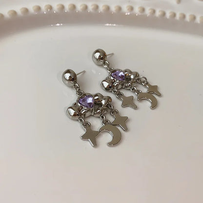 Fashion Purple Zircon Cloud Tassel Earrings For Women Fashion Creative Silver Color Star Moon Pendant Earrings Y2K Party Jewelry