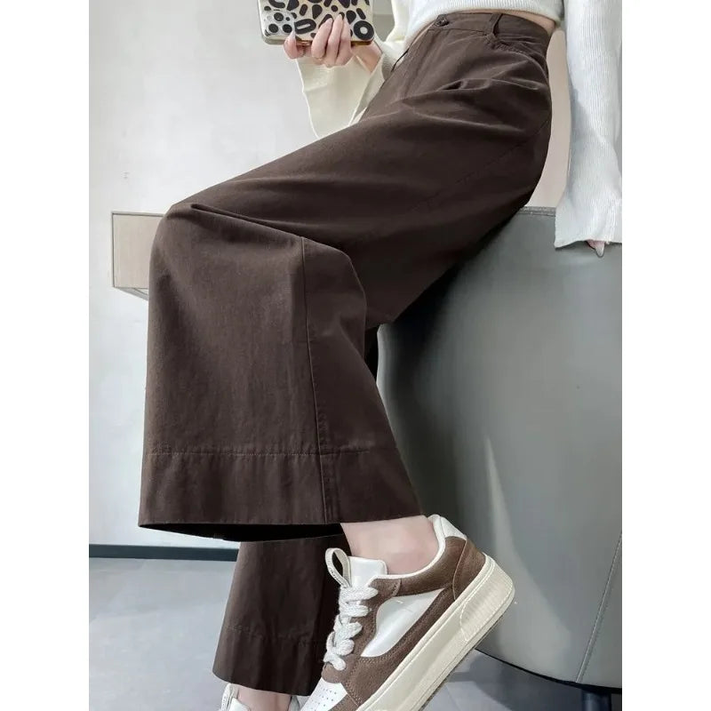 Fashion Temperament for Women Spring Autumn New High-waisted Nine-point Straight Narrow Wide-leg Pants