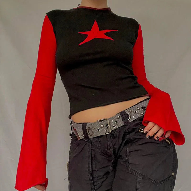 Y2K Flared Long Sleeve Cropped Pentagram Tee and Y2K Gothic Harajuku Streetwear Women's Aesthetic Summer Chic Fabric EMO