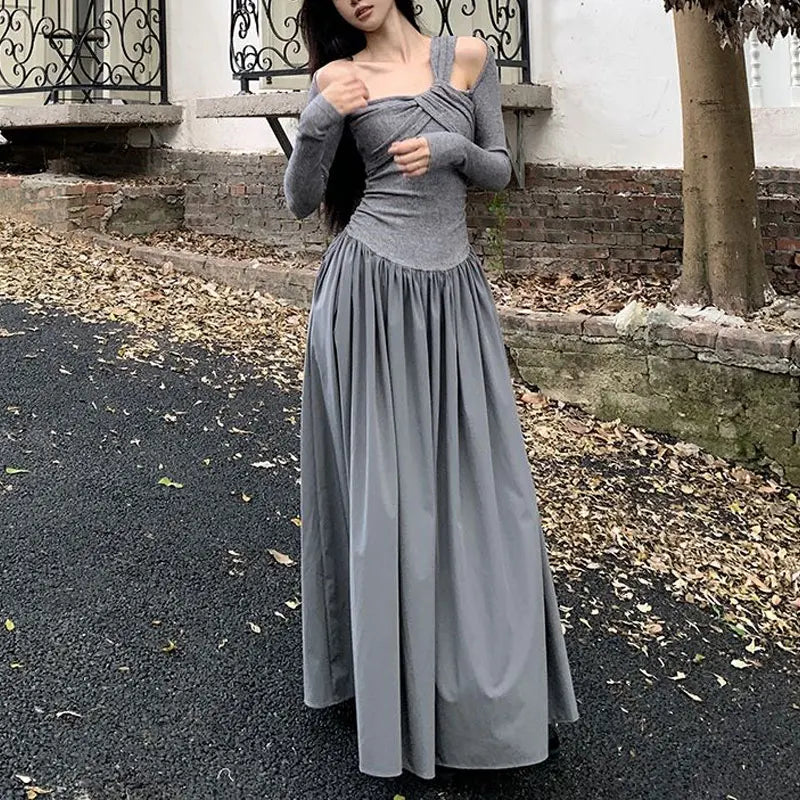 Autumn Skew Collar Halter Aura Dresses Solid Color Female Clothing Folds Stylish Irregular Basic Long Sleeve Spliced Long Dress