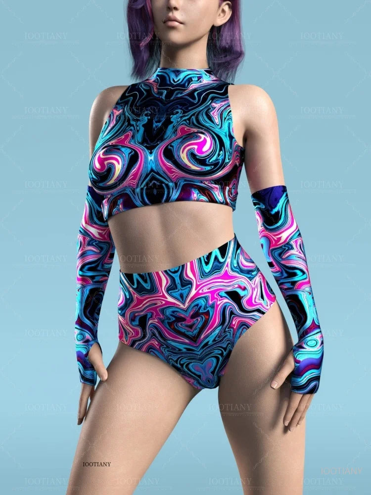 Adult Sleeveless Multicolor Role Play Bodysuit Swimsuit Women Sexy Hollow Off Shoulder Graffiti Art Bodycon Performance Costume