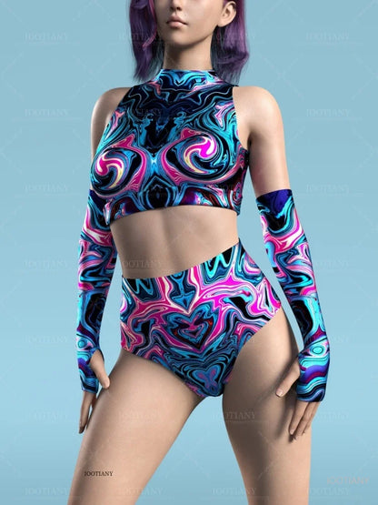 Adult Sleeveless Multicolor Role Play Bodysuit Swimsuit Women Sexy Hollow Off Shoulder Graffiti Art Bodycon Performance Costume