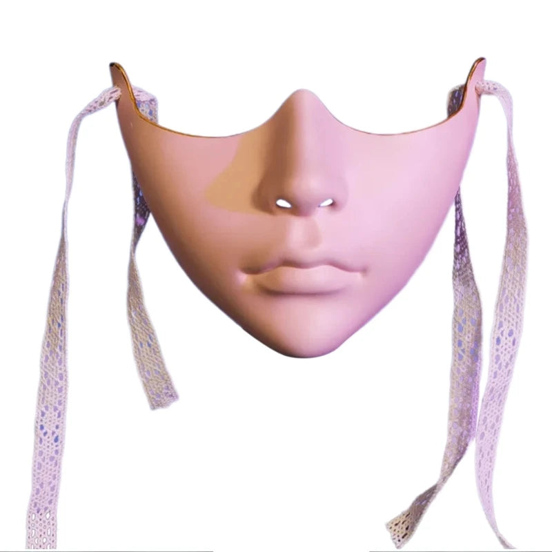 EtherealBe masquerade half face mask in pink with elegant lace ribbons for a chic look