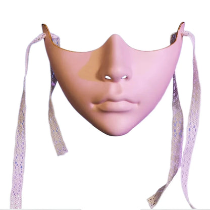 EtherealBe masquerade half face mask in pink with elegant lace ribbons for a chic look