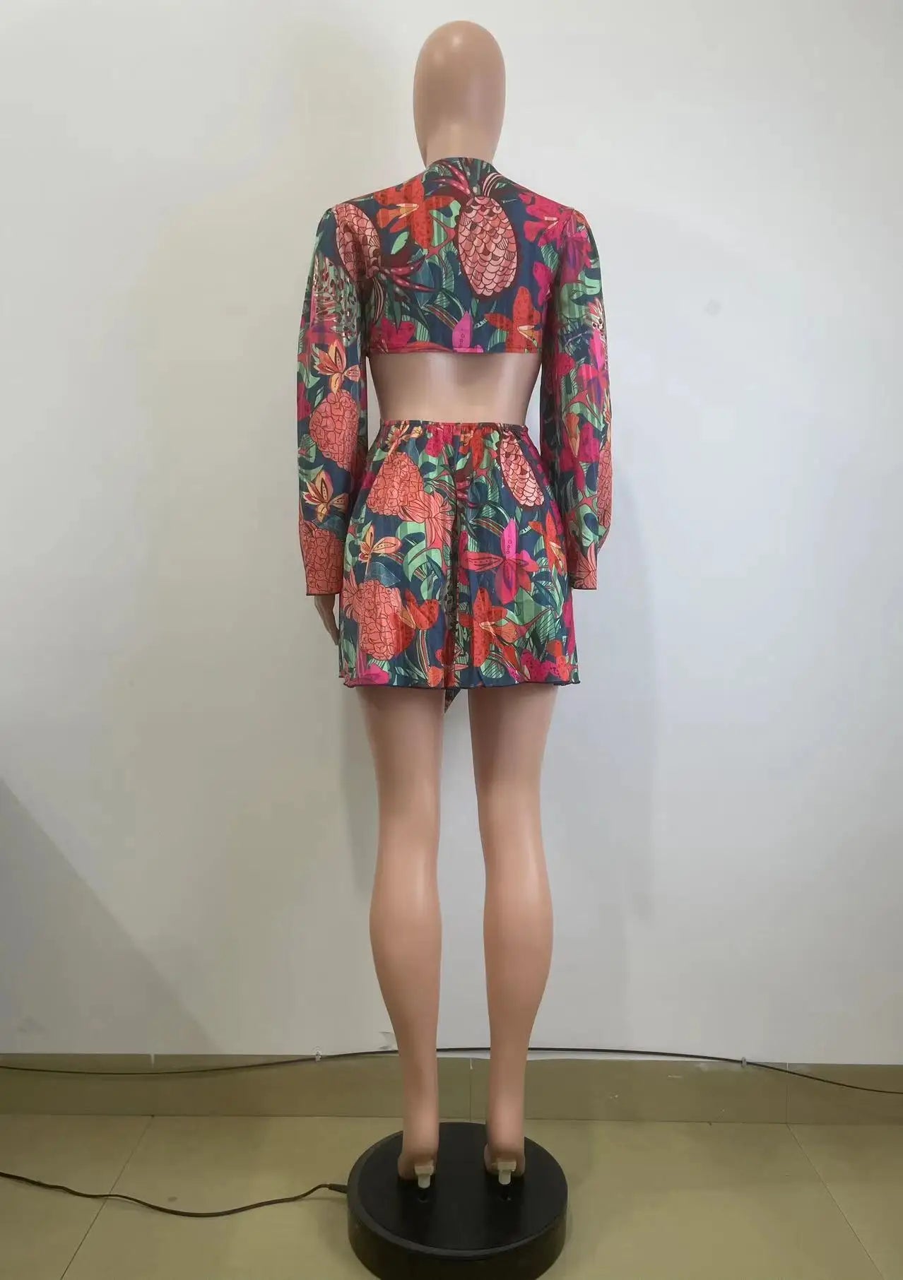 Two Piece Sets Women Skirt Set Print Floral Matching Sets V Neck Flare Sleeve Top Short Skirts Dress Sets Lace Up High Waist