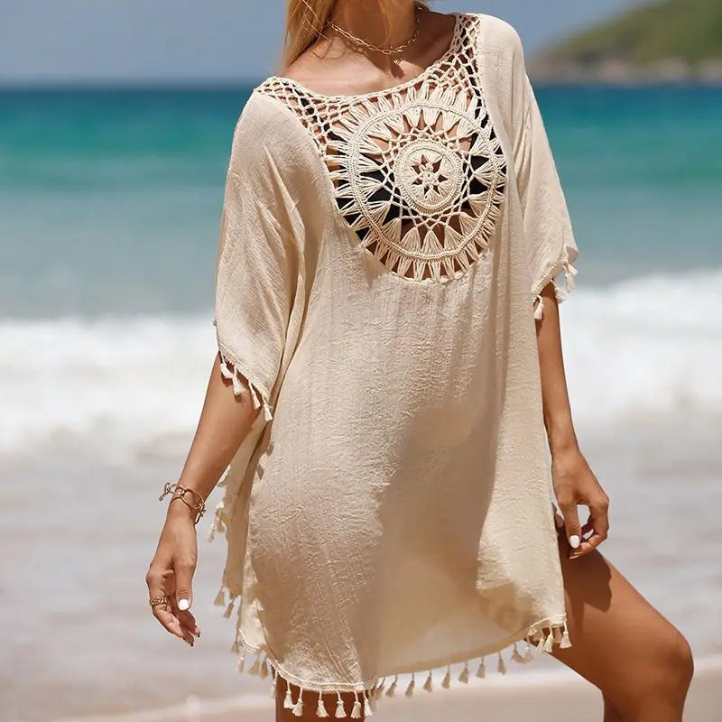 Women Casual Bohemian Holiday Outfits Beachwear Bikini Cover Up Summer Solid Color Hollow Out Beach Dress