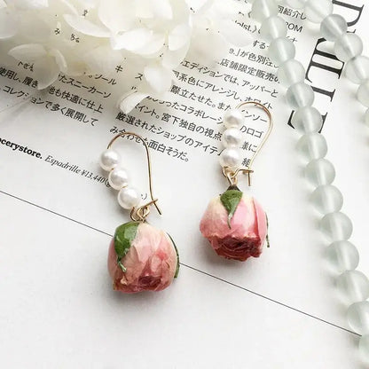 Unique Immortal Flower Earrings Elegant Natural Flower Pearl Drop Earrings Statement Jewelry Epoxy Resin Real Rose Earring 2024