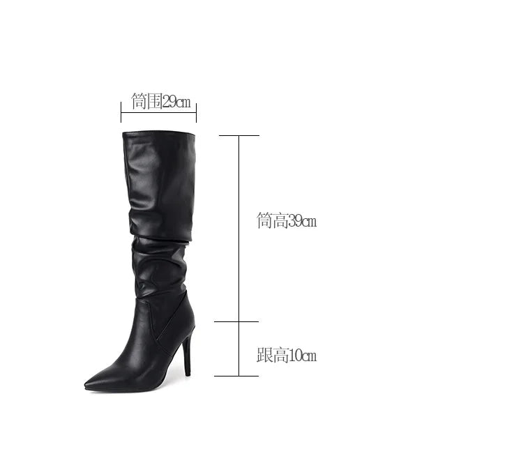 2025 Winter Knee Boots With Heels Woman 10CM Stiletto Fashion Slip on Pointy Autumn Shoes Women Soft Leather Pleated Long Boots