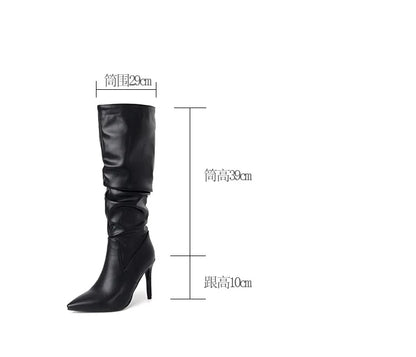 2025 Winter Knee Boots With Heels Woman 10CM Stiletto Fashion Slip on Pointy Autumn Shoes Women Soft Leather Pleated Long Boots