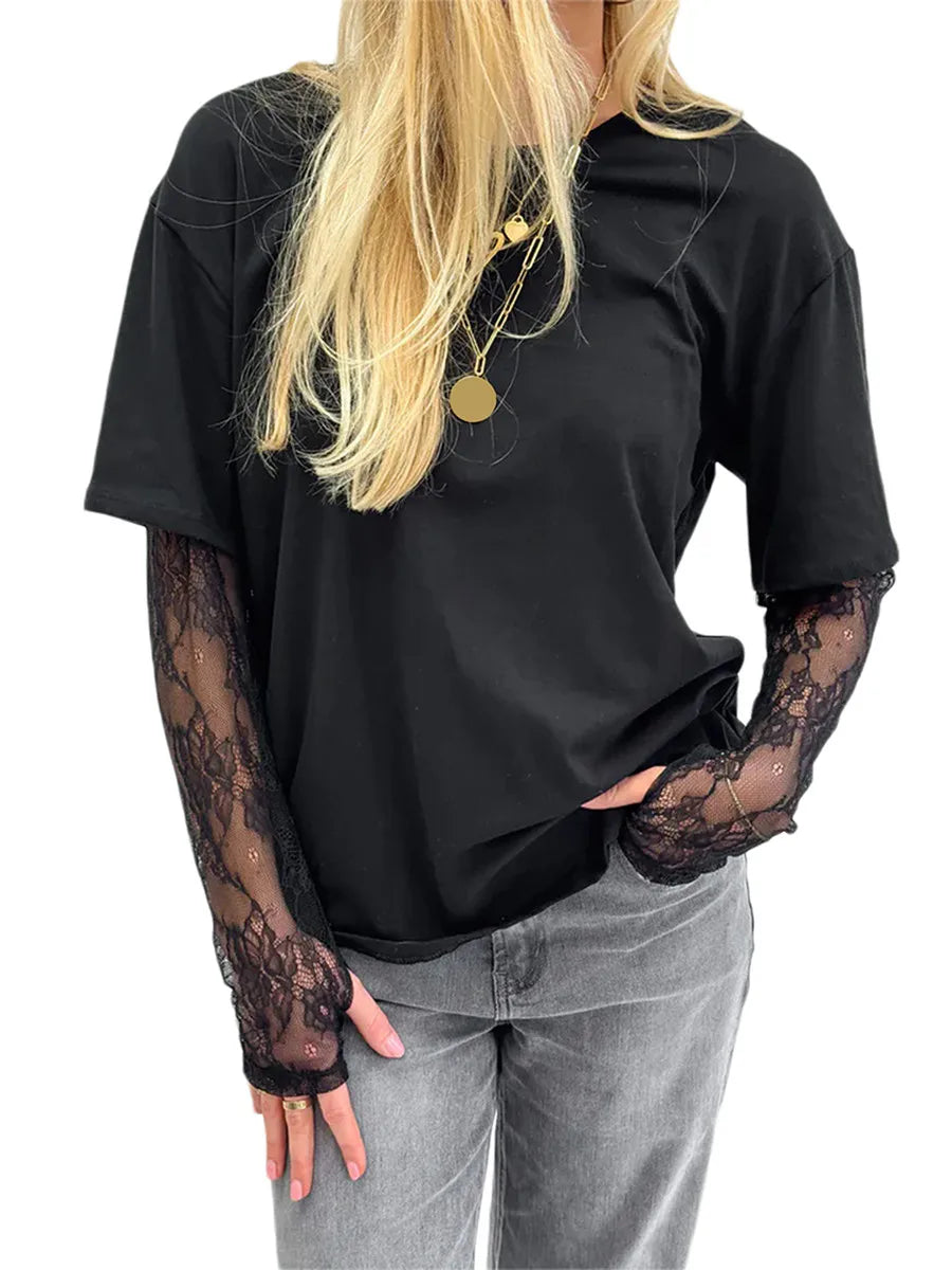 Women Round Neck T-Shirt Lace Long Sleeve Casual Shirts Spring Fall Loose Fit Tops Ladies Solid Color Tee for Streetwear Y2K 00s