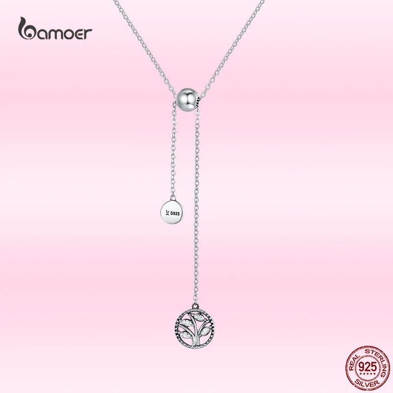 Bamoer 42cm Real 925 Sterling Silver Tree of Life Pendent Necklace for Women Stylish Engagement Wedding Necklace Fine Jewelry