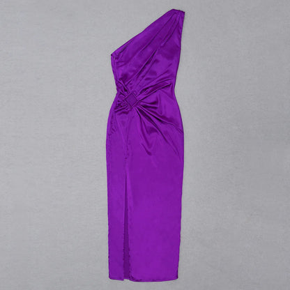New Ladies Purple One Shoulder Sexy Skinny Draped Sleeveless Sequin Cutout High Slit Long Celebrity Party Dress