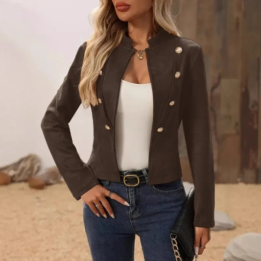 Women's Fashion Stand Neck Long Sleeve Jacket Short Coat Ladies Casual Solid Slim Double-breasted Blazer Elegant Lady Jackets