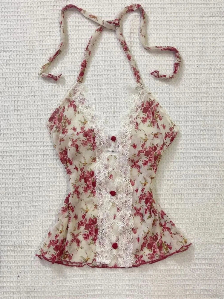 2025 Summer Woman Floral Halter Lace Blouse 2025 Vintage Sexy Slim Fit Fairy Korean Fashion Female Tops Outfits Elegant Style