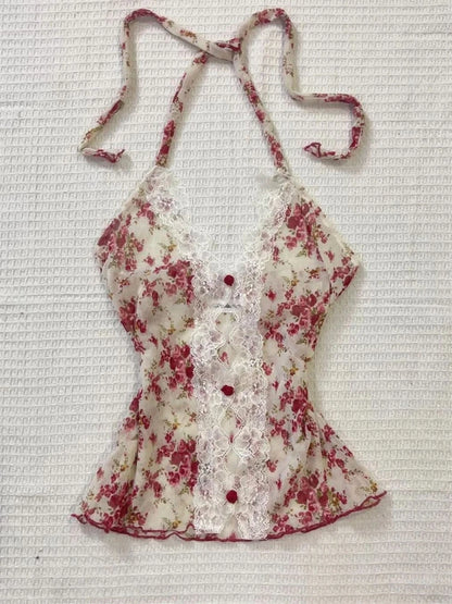 2025 Summer Woman Floral Halter Lace Blouse 2025 Vintage Sexy Slim Fit Fairy Korean Fashion Female Tops Outfits Elegant Style