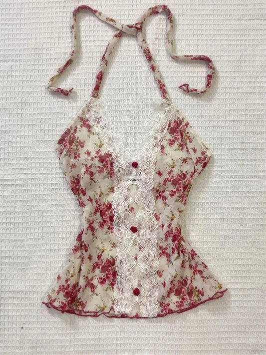 2025 Summer Woman Floral Halter Lace Blouse 2025 Vintage Sexy Slim Fit Fairy Korean Fashion Female Tops Outfits Elegant Style