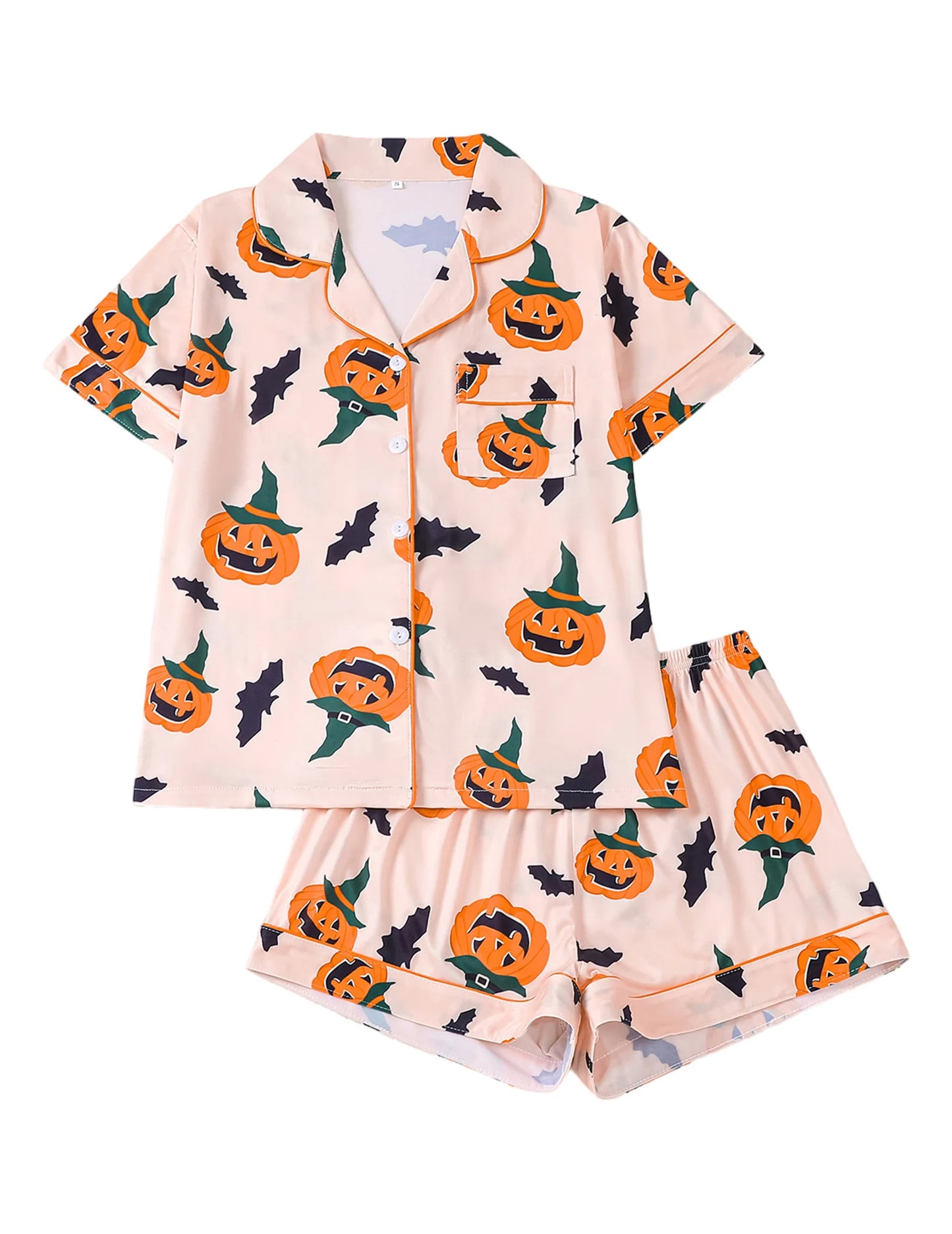 Women Halloween Pumpkin Bat Print Pajama Set,Breathable Lapel Loungewear Short-Sleeved Roll-Neck Shirt and Loose Shorts S-XXL