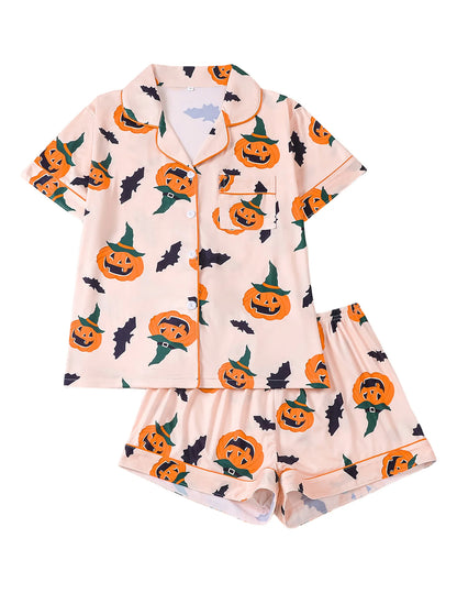 Women Halloween Pumpkin Bat Print Pajama Set,Breathable Lapel Loungewear Short-Sleeved Roll-Neck Shirt and Loose Shorts S-XXL