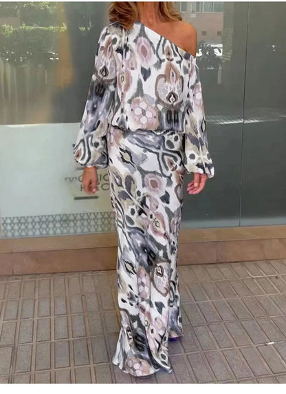 Autumn Casual Loose Print Two-piece Women Off Shoulder T-shirt Asymmetrical Long Sleeved Top And Half Body Fishtail Skirt Set
