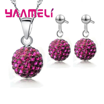 925 Sterling Silver Stamped Bridal Jewelry Sets Women Girls Wedding Gifts Austrian Crystal CZ Disco Ball Necklace Hoop Earrings