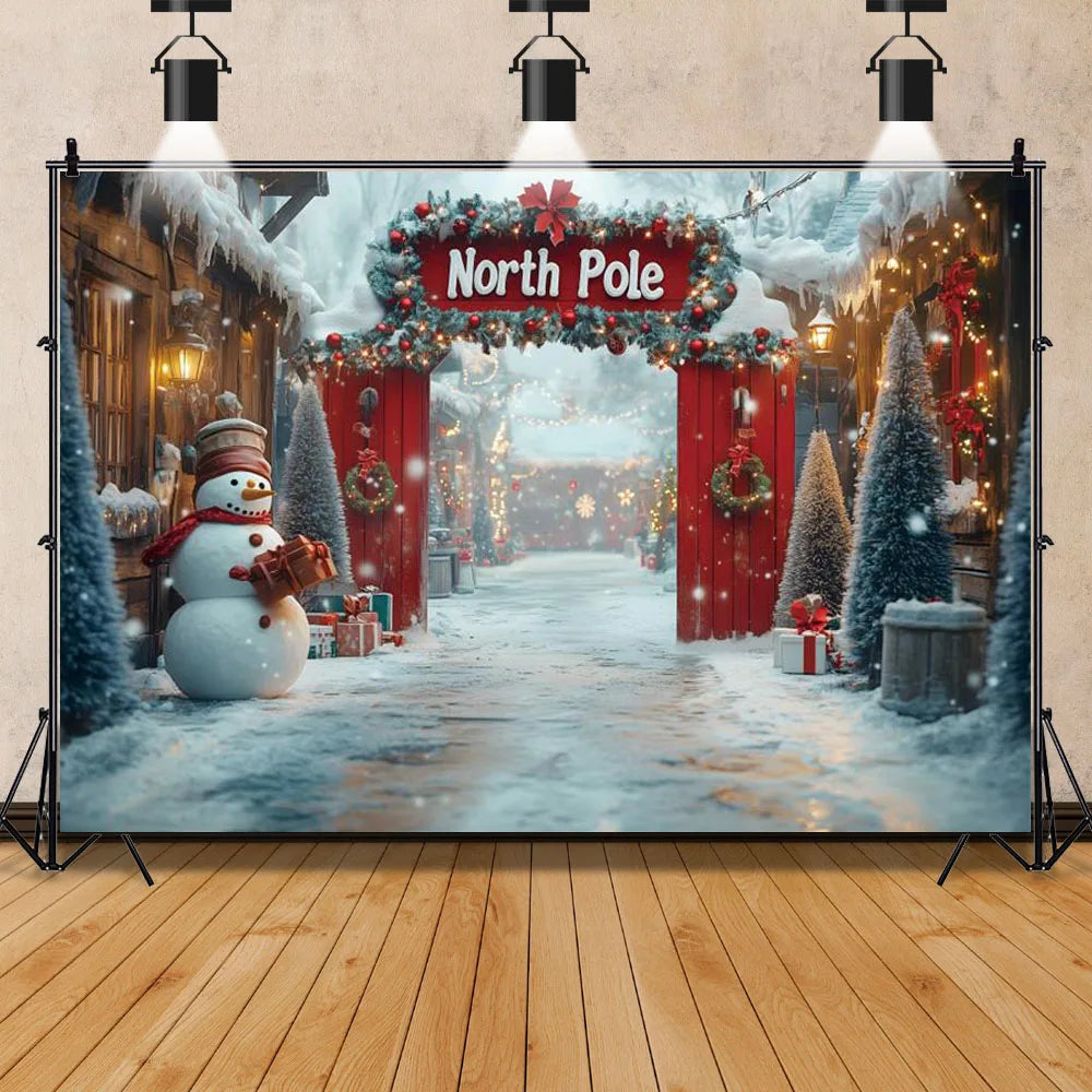 North Pole Christmas Backdrop Winter Village Town Xmas Tree Snowman Photography Background Family Xmas Eve Party Decor Banner