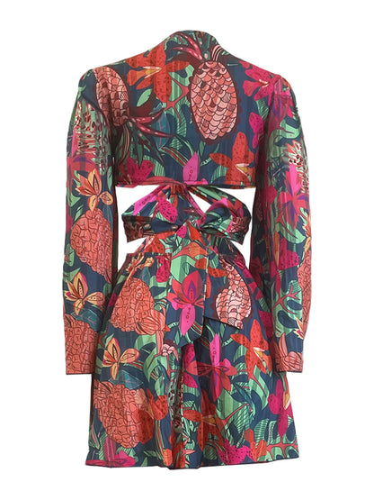 Two Piece Sets Women Skirt Set Print Floral Matching Sets V Neck Flare Sleeve Top Short Skirts Dress Sets Lace Up High Waist