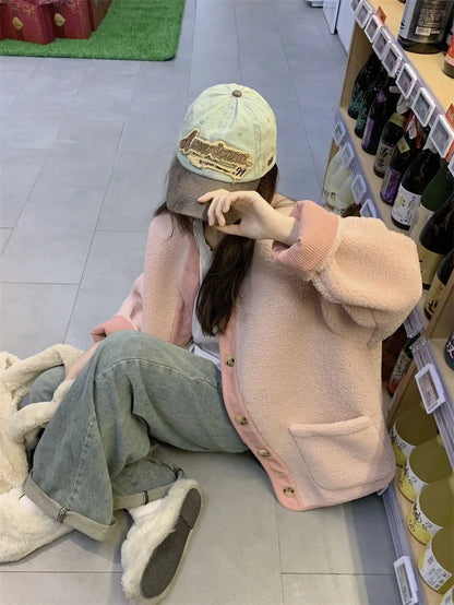 2024 Winter New Women's Lamb Wool Jacket Petite Loose-Fit Thickened Integrated Deer Skin Fleece Medium-Length Korean Style