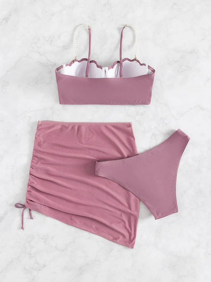 New Swimsuit Women Three Piece Set Solid Blue/Red/Orange/Black Summer Bikini European American Scallop 2024 Swimsuits Wholesale