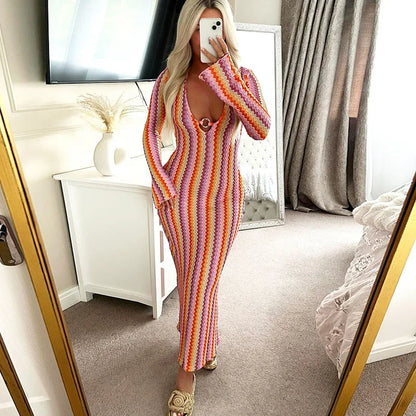 Autumn Colorful Striped Printed Dress Beach Wrap Hip Long Sleeve Party Dress Sexy Lady V Neck High Waist Slim Holiday Dress