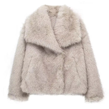 HH Winter Women Elegant Warm Plush Coat Turn-Down Collar Thick Cardigan Coat Female Pocket Long Sleeve Short Outerwear Mujer