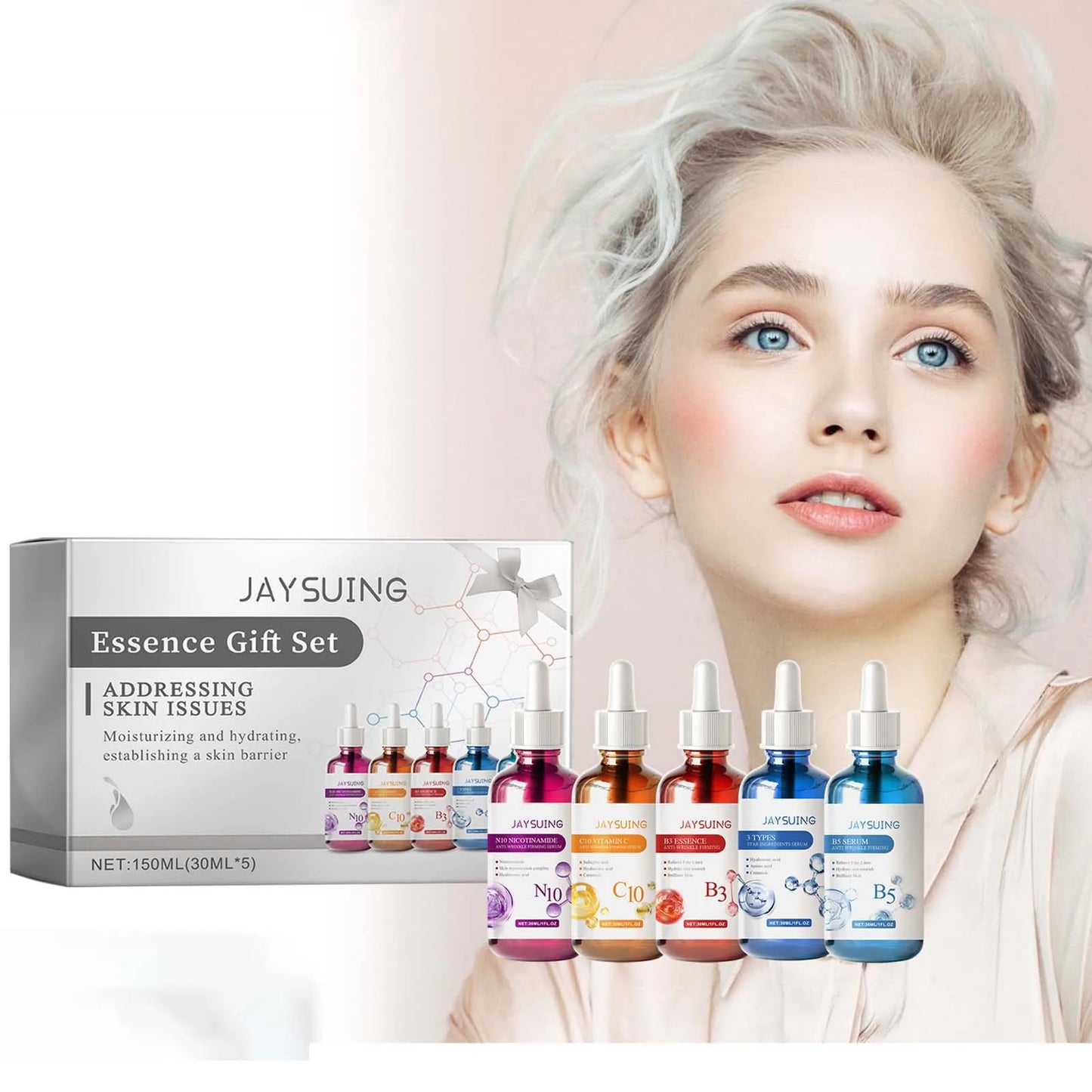 Facial Serum Skin Care Sets 5PCS Hyaluron Acid Vitamain C Niacinamide Fade Wrinkle Shrink Pores Moisturizing Brighten B5 Essence