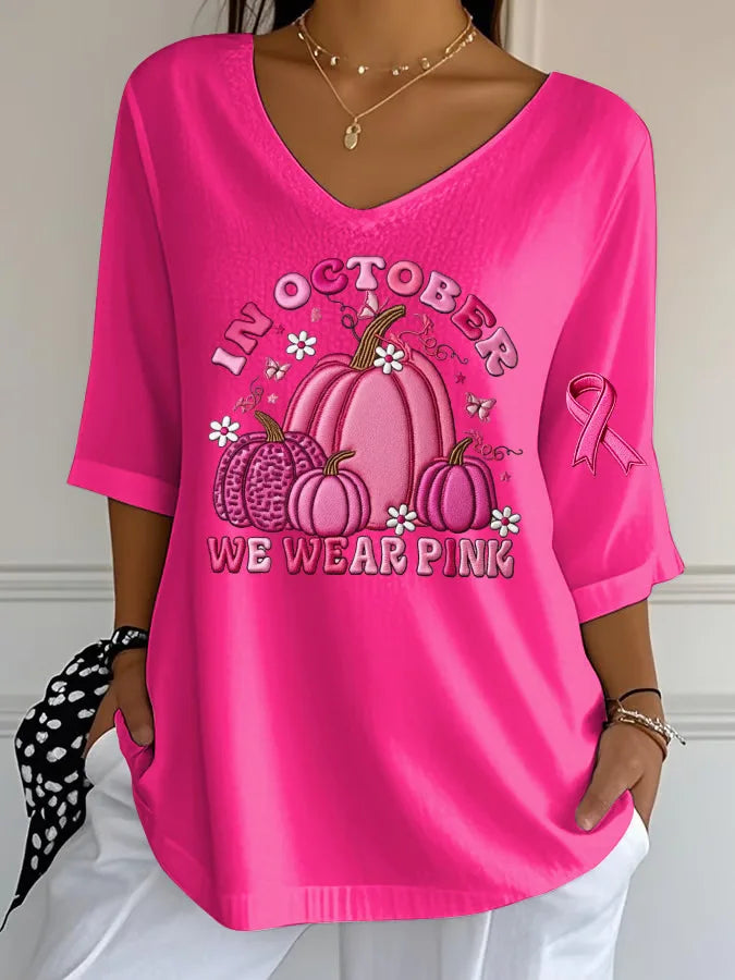 EtherealBe women's Halloween graphic t-shirt in pink with pumpkin and October design