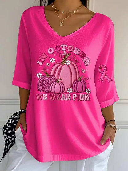EtherealBe women's Halloween graphic t-shirt in pink with pumpkin and October design