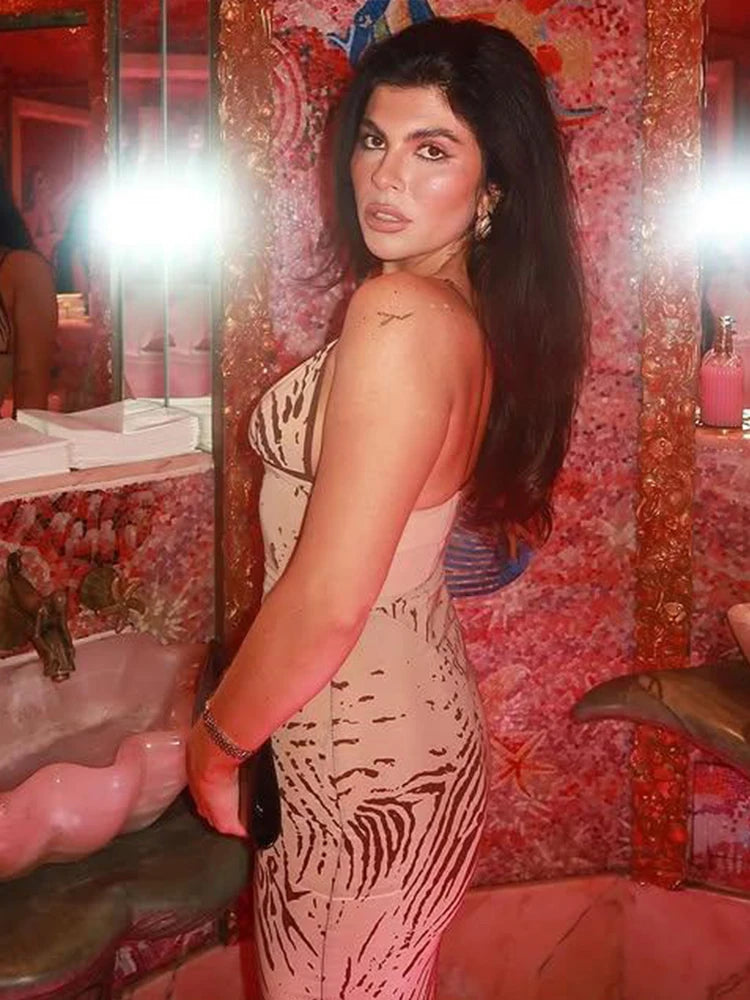 Weird Puss Tie-dye Print Dress Women Sexy Low-Neck Skinny Sleeveless Backless Skinny Vacation Beach Club Party Classic Vestidos