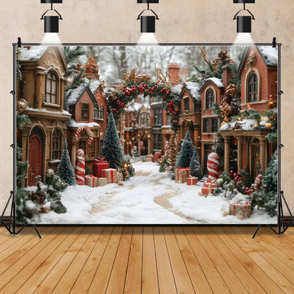 North Pole Christmas Backdrop Winter Village Town Xmas Tree Snowman Photography Background Family Xmas Eve Party Decor Banner