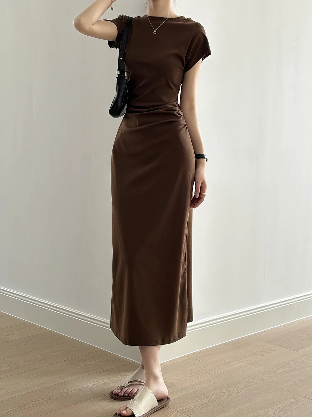 Slim Fit T-irt Dr Women's Spring Summer ort Sve Pleated Waist Cinching A-Line Midi Dr Small Stature 50