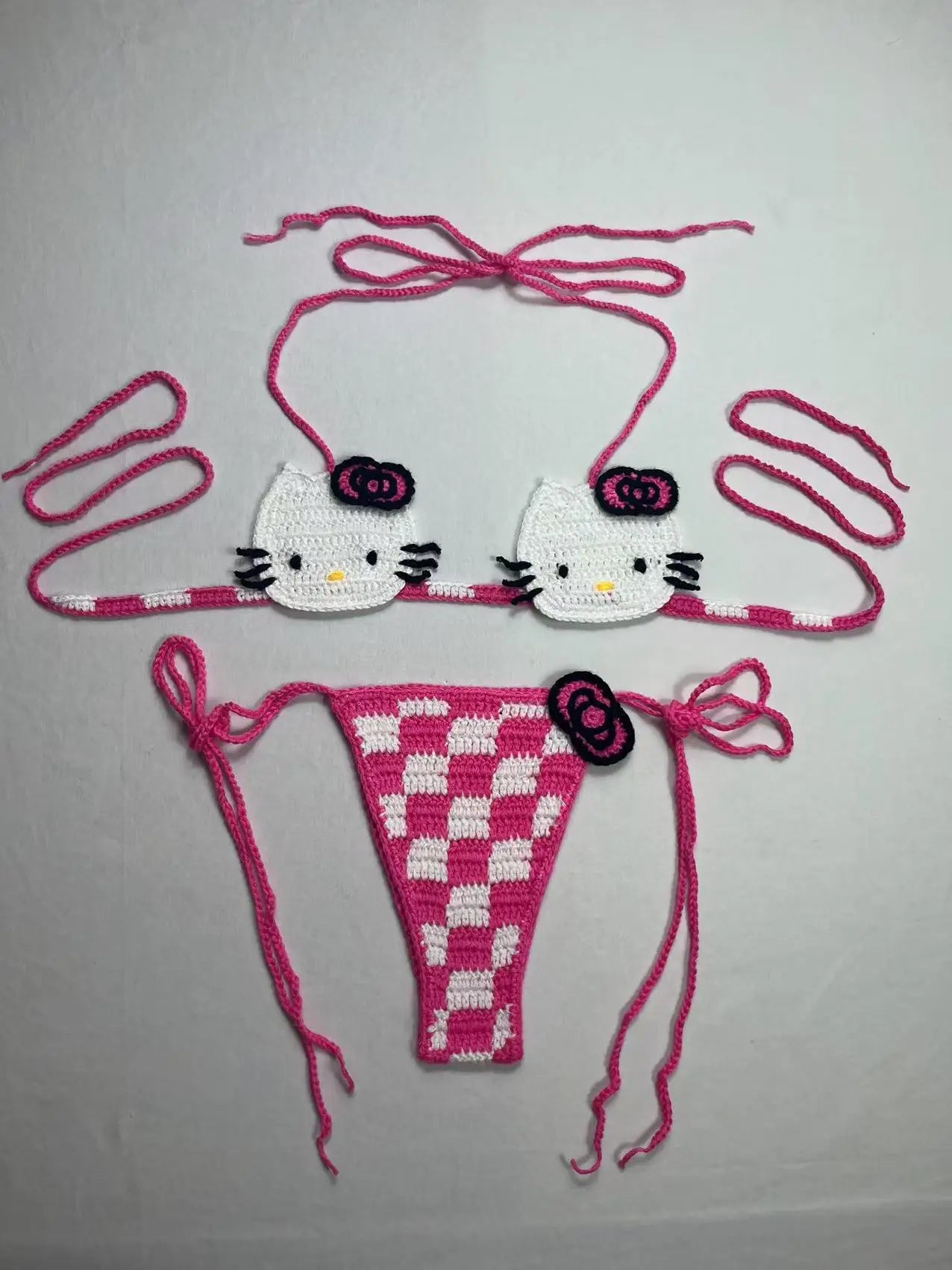 Sanrio Crochet Bikini Set Cute Girls Swimsuits Hello Kitty Sexy Bathing Suit Micro Ties Bikinis Beachwear Women Swimming Suit