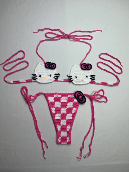Sanrio Crochet Bikini Set Cute Girls Swimsuits Hello Kitty Sexy Bathing Suit Micro Ties Bikinis Beachwear Women Swimming Suit