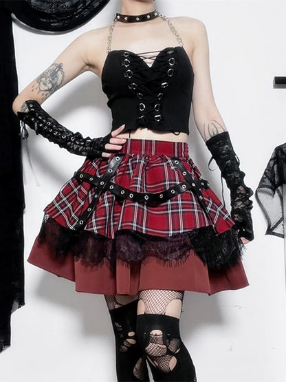 plus Size Gothic Harajuku Plaid Pleated Skirt Y2K Lolita Sweet Lace Mini Punk Kawaii Cosplay Costume Girls Clothing